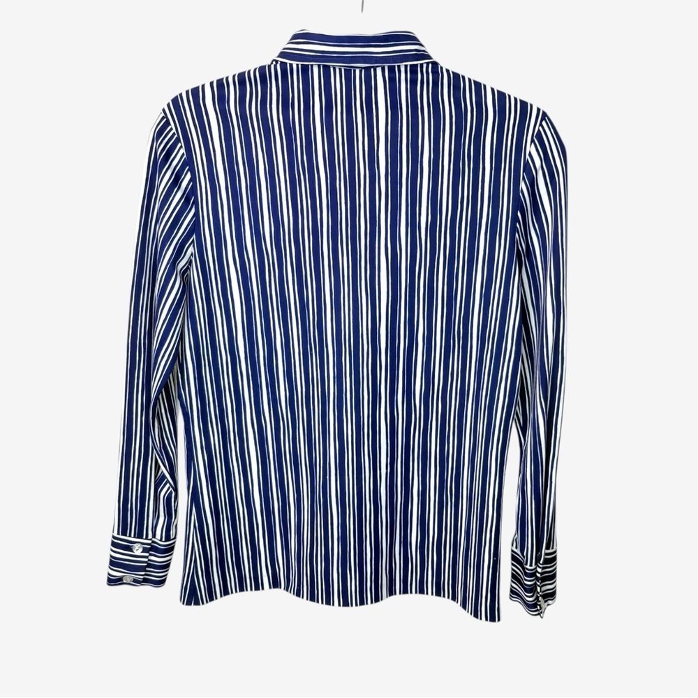 Vintage 90s Office Siren Pinstripe Jersey Top • Shrunken Fitted Button Up - Picture 3 of 6